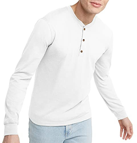 Hanes Originals Men's Henley-Long Sleeve Shirt, White, S
