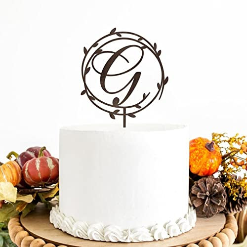 Kranz Monogramm G Cake Topper, Benutzerdefinierte Initiale G Cake Topper, Hochzeit Buchstabe G Kuchen Topper für Geburtstag Rustikale Hochzeit Jahrestag Andenken Party Dekoration, Holz Braun