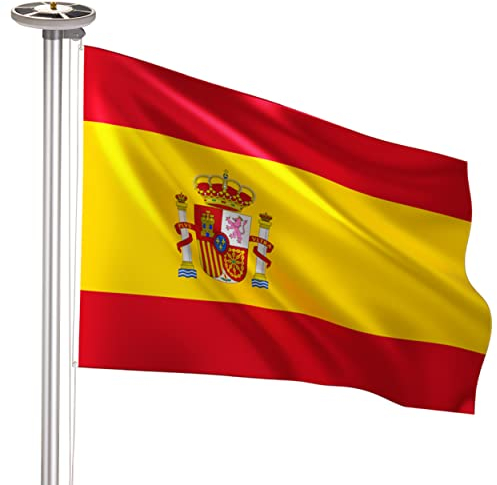 BRUBAKER Asta de Bandera con Bandera de España y Luz Solar - 90 x 150 cm Bandera Grande España - 4 m Mástil de Aluminio - Lámpara de Energía Solar con 26 LED - Kit para Decoración Exterior