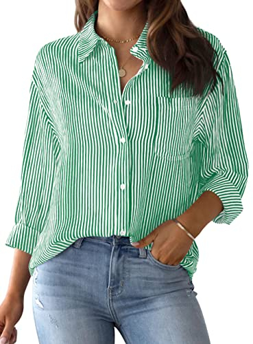 NONSAR Bluse Damen Elegant Langarm Streifenbluse Hemden mit Knöpfen Casual Büro Arbeit Blusen Baumwolle Tunika Hemd Oberteile Tops(9359L,Grün)