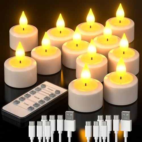 LED Teelichter Wiederaufladbar mit Fernbedienung, PChero 12 Stk. LED Flackernde Flammenlose Kerzen mit Batterie und Timerfunktion für Halloween Silvester Saisonale Deko Weihnachten
