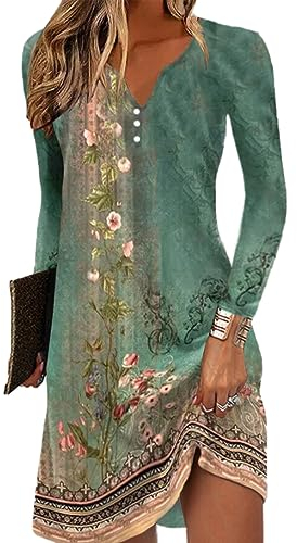 GRMLRPT Damen Langarm V-Ausschnitt Kleid Bohemian Blumen Sommerkleider MiniKleid Blumendruck Lose Tunika Freizeitkleid(Grün,L)