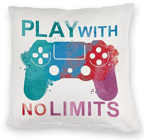 speecheese Game Controller Kuschelkissen mit Spruch Play with no Limits EIN buntes DekoKuschelkissen für Zocker Gaming Motiv Aquarell Stil Videospiele Gamer Teenager Videospiel Dekoration