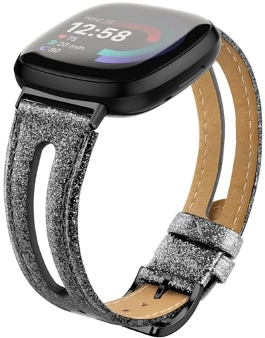 Tuocal Lederarmband Kompatibel für Fitbit Versa 4 / Versa 3 Armband/Sense Leder Armband,Schlankes Weiches Ersatzarmband Kompatibel mit Fitbit Versa 4 / Versa 3 / Sense Damen Herren, Glitzer Schwarz