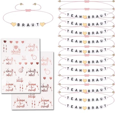 FINEASY 12 Stück Team Braut Armbänder, Jga Armbänder Frauen und 2 Stück Aufkleber aus Roségold, Jga Deko Frauen,Team Braut Armbänder Junggesellinnenabschied für Hochzeit Hen Party