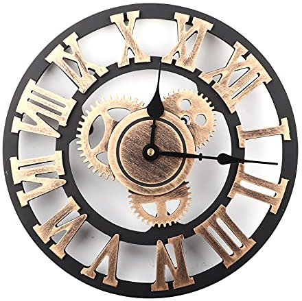 Fdit Rustikale Handgefertigte 3D-Wanduhr, Großes Zahnrad, Vintage-Dekor aus Holz mit Metallzeiger, Romantisches Retro-Design für Wohnzimmer, Büro, Bar (römisches Gold)