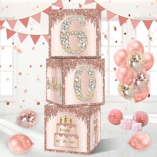 Guiruiy 3 Pcs 60th Birthday Decorations Boxes for Women, Pink Rose Gold Happy 60th Birthday Balloons Boxes Party Supplies, Pink Sixty Year Old Birthday Theme Cardboard Box Decor