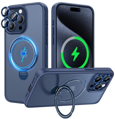 Doeshine for iPhone 15 Pro Max Case with Magnetic Ring Stand, 3 Pcs Camera Lens Protector, Compatible with MagSafe, [Anti-Yellowing], Military Grade Translucent Case for iPhone 15 Pro Max (Blue)