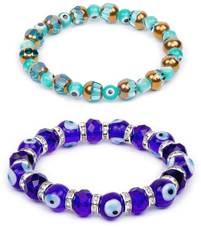 FLYEMMET 2-teiliges Armband für Paare mit bösen Blicken, Kristall, türkisches Auge, Kabbala, Schutz, Glücksamulett, Perlenarmband-Set, Schmuck, Geschenk für Freundin, Freund, beste Freunde, 1, Zink,
