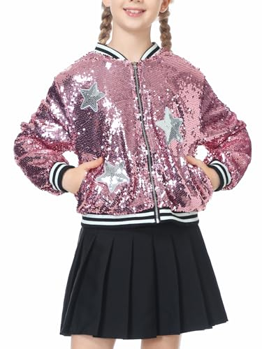 LOLANTA Mädchen Pailletten Bomberjacke mit Taschen Reißverschluss Langarm Glitzer Baseball Jacken für Kinder, Rosa, 10-11 Jahre, 150