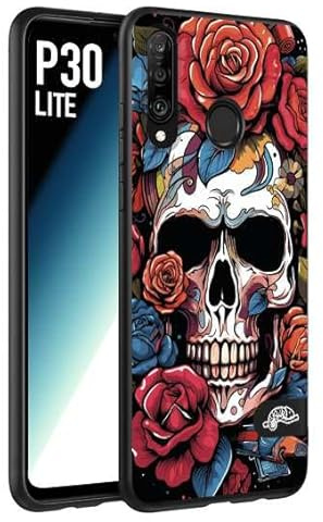CUSTOMIZZA - Custodia cover nera morbida in tpu compatibile per Huawei P30 LITE teschio skull flowers fiori rose rosse tattoo disegnato