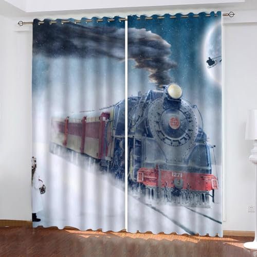 MEVASA Vorhänge Blickdicht Zug 3D Verdunklungsvorhänge 2er Set mit Ösen Gardinen Dampflokomotive Vorhang Microfaser Schlafzimmer Kinderzimmer 140 x 160 BxH