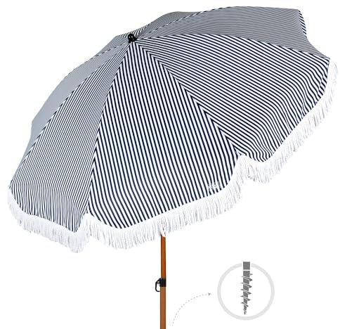 AKTIVE Sombrilla de playa, Diseño marinero con flecos, 200 cm, Estilo retro, Mástil aluminio, Inclinable y regulable en altura, Tejido poliéster, Protección UV30, Sombrillas grandes (62340)