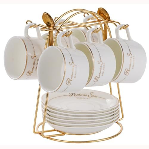 HSTWODE-cappuccino tassen set Tassen & Untertassen von 6 (150 ml), Luxus-Teetasse Set mit goldenen Trimm, Kaffeetasse mit Henkel, britischer Königlicher Porzellan Tassen (Weiß)