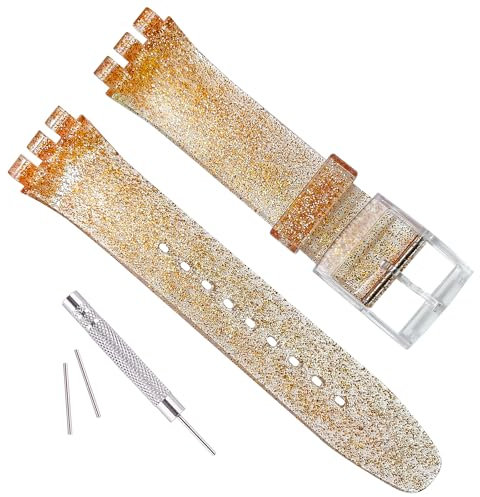 GREENOLIVE Ultradünnes Ersatz-Uhrenarmband aus Silikonkautschuk für die Swatch Skin-Serie (16 mm) (glitzerndes Gold)