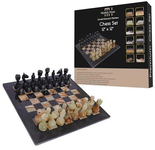 Handgefertigtes Marmor-Schachset - Schwarz & Angori (30,5 x 30,5 cm) - Schachsets für Erwachsene - Schachbretter in Premium-Qualität - Fancy Chess Boards (Black & Onyx Green)