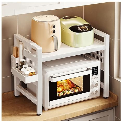 Rejilla ajustable para horno de microondas, estante para microondas, estante resistente de 2 niveles con soporte para condimentos y barril de palillos, 6 ganchos, para estantes de cocina, organizador