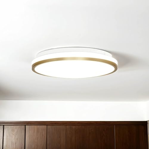 Licht-Erlebnisse LED Deckenleuchte rund, Stahl, Weiß, Gold, Küchenlampe, Badezimmer Lampe Decke, blendarm, Ø28 cm, 4000 K, 730 lm,neutralweiß, Deckenlampe Flur, LED Deckenlampe Küche