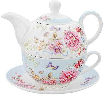 Tea for One Teapot, Cup and Saucer Set - Vintage Flora Rose Gift for Her - Coffee Cups - Blue Set