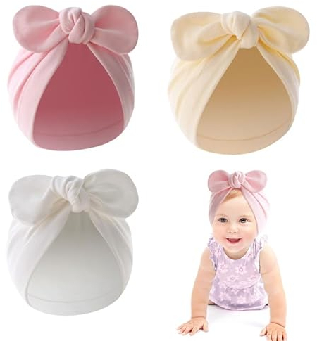 FUIPVGI 3 Stück Baby Mütze, Neugeborenes Baby Mütze, Baumwolle Süße Schleife Baby Mütze Hut, Mütze Frühling Thermal Jersey Slouch Beanie Jungen Mädchen Baby Mütze (Weiß, Beige, Rosa)