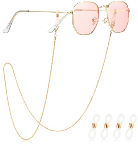 Andibro Stilvolle Brillenketten Damen, Sonnenbrillen Brillenkette Metall Brillenband mit 4 Stück Silikon Ringschnallen Maskenkette Elegante Brillen Halter für Lesebrillen Herren Brillenzubehör (gold)