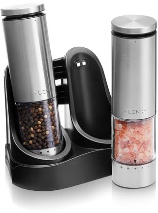 Flendy - Set di macinino elettrico per sale e pepe ricaricabile, set automatico per macinino sale e pepe con pulsante superiore di grandi dimensioni, set di saliera e pepe elettrico in acciaio