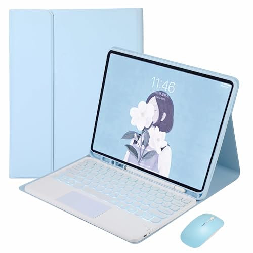 XFTeoux Custodia per Tastiera Touchpad per iPad PRO 11 Pollici (M4) 2024 con Mouse, Tastiera Senza Fili Staccabile, Cover Folio in Pelle con Portamatite,Sky Blue,10 TH 10.9''