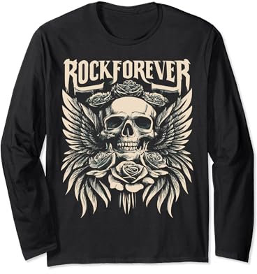 Classic Tattoo Style Skull Wings Roses ROCKFOREVER BAND Long Sleeve T-Shirt