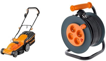 LawnMaster M2EB1637M Tondeuse et tracteurs 1600W 37cm, 6 Hauteurs Réglable 20-70mm, 40L Bac de Ramassage 2 Ans de Garantie & Zenitech Enrouleur 4 prises HO5VV-F 3G1mm² 25m + coupe-circuit, Noir/Orange