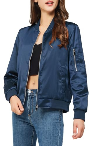 YEABEDA Satin-Bomberjacke für Damen, lässig, Herbst, Varsity-Jacken, Reißverschluss, Oberbekleidung, Windbreaker mit Taschen