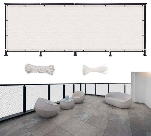Balkonschutz Balkonabdeckung 300 x 40 cm Multi Farbe Und Größe, Balkonbespannung Balkonverkleidung, mit Kabelbinder Und Kordel, für Camping Swimming Pool, Weiß