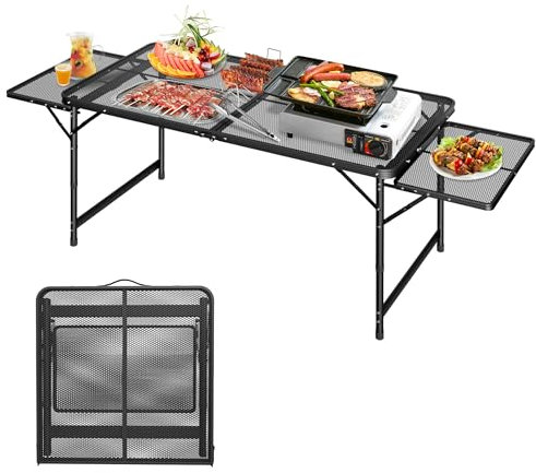 FIVMEN Campingtisch Klappbar Klapptisch Höhenverstellbar Gartentisch Balkontisch Camping Tisch mit Verlängern Metallgitterplatte Grilltisch Partytisch Faltbar Wetterfest, 120x60 cm