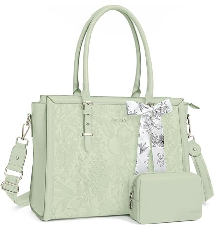 MOSISO Laptop Bag for Women,15.6-16 inch PU Leather Tote Bag, Sage Green