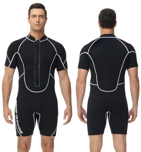 Owntop 3/2mm Shorty Neoprenanzug Herren - Frontreißverschluss Wetsuit zum Tauchen Surfen, Kurzarm Tauchanzüge Stretch Neopren für Wassersport, Herren Schwarz L