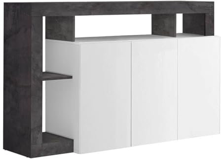AltoBuy Arturo - Buffet 3 Portes Blanc Laqué Encadrement Niches Aspect Gris Oxyde