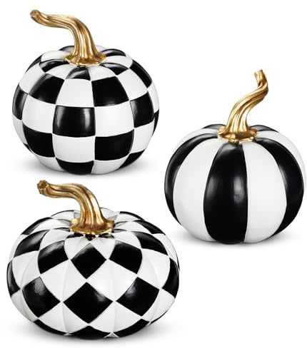 Oairse 3er-Set Künstlich Kürbis aus Kunstharz Herbstdeko für Halloweendeko,Innen und Außen, Simulationskürbismuster in Schwarz-weißes Mosaikmuster für Herbsthochzeit, Herbst-Wohnkultur, Thanksgiving