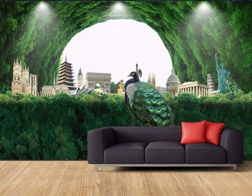 Tzxztt Clean Forest International Architektur Pfau Moderne 3D Tapete Geprägte Seide Neutrale Töne Material Ideal Für Wohnzimmer Schlafzimmer-430cm×300cm