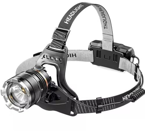 DOMIRA Rechargeable Head Torch – 5000LM Super Bright LED Headlamp with 6 Modes, Red Warning Light, Zoomable Waterproof, Adjustable USB 5200mAh for Running, Camping, Fishing & Outdoor Use