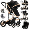 Veitoalioy Passeggino 3 in 1 Trio Neonati, Per Neonato 3 in 1 Passeggini, Carrozzino multifunzione, Passeggino Pieghevole (588 Black Gold)