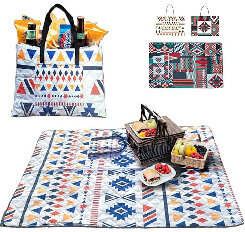 Picknickdecke, Handtasche/Picknickmatte 2-in-1, Wasserdicht, Extra Komfort, Tragbar und Leichtgewicht, Picknicks, Camping, Spielplätze, Freibäder, Maschinenwaschbar (100x150 cm, Weiße Boho-Muster)