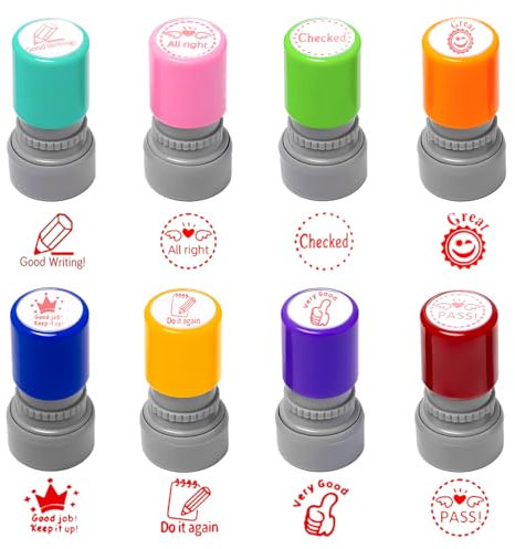 Suevut 8 Stück Selbstfärbende Lehrer Stempel, Set für Lehrer, Motivationsstempel für Hausaufgaben, Niedliche Cartoon Stempel, Belohnungsstempel für Kinder, Ermutigung und Lob für Schüler