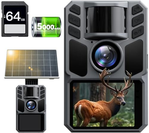 FKPCAM 4K 64MP Wildkamera Solar, Eingebaute 5000mAh Lithium-Batterie mit 64GB Speicherkarte, Wildtierkamera mit Nachtsicht, 0.1s Auslöser Bewegungsaktiviert, IP67 Wasserdicht 130° Weitwinkel