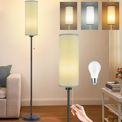 Seruno X Stehlampe Wohnzimmer, Grau Standleuchte mit 3 Farbtemperaturen 9W LED Glühbirne, Modern Stehlampe mit Schwarz Mast, Zugschalter, Leselampe Stehleuchte für Wohnzimmer Schlafzimmer Büro