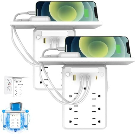 Preliminark Wall Outlet Extender with Shelf Night, 9 In 1 6 Ac Outlets Power Socket Expander Usb Wall Charger, 2025 New Multi Plug Outlets Extenders, Detachable Plug Expander for Home Dorm(2PCS)