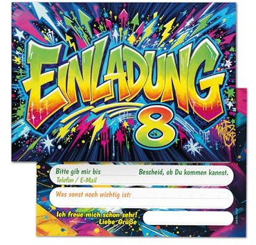 Junaversum 12 Einladungskarten zum 8. Kindergeburtstag Kinder Junge Mädchen Graffiti coole bunte Einladungen achte Geburtstag Geburtstagseinladungen Kids