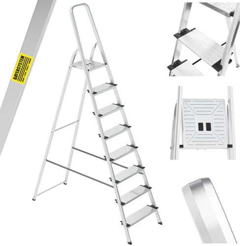 Bayersystem Aluminiumleiter 8-stufig, Stufenleiter, mit Breiten Stufen, leicht, klappbar, tragbar, robust, Belastbarkeit 150 kg, mit breiter Plattform, Multifunktionsleiter Haushalt, Büro und Lager