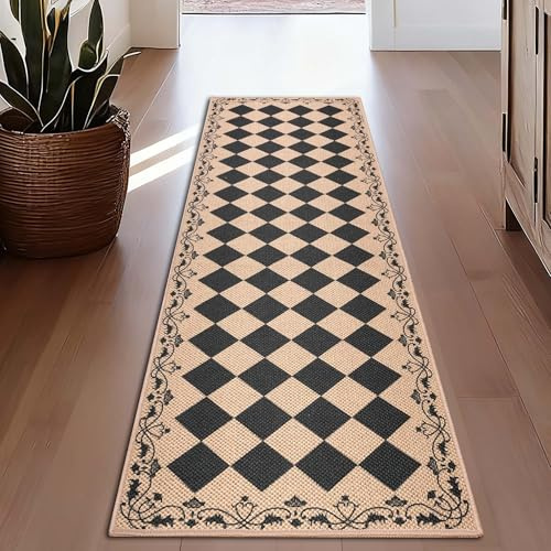 Cekene Teppich Läufer Flur Schwarz 80X200cm Boho Küchenteppich Waschbarer rutschfest Jute Flur Teppich Teppichläufer für Eingang Küche Korridor Schlafzimmer
