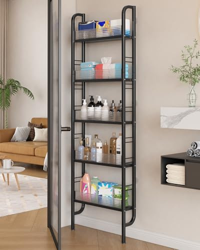 Ornestia Metal Narrow Storage Unit for Behind Door Storage,Black | 5 Tier Bookshelves,Kitchen Slim Shelving Unit, Thin Space Savers Standing Shelf for Pantry Organization