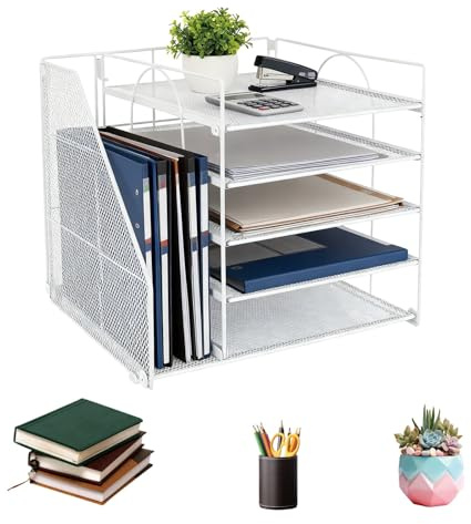 Mesh Letter Tray Organizer Letter Paper Storage File Folder Organizer White | 5-Layer Desk Stationary Paper File Holder, Desktop Filing System, for Home Office & School