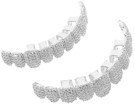 Zahngrill 1 Satz Silber mit Strass, Hip Hop Vollzahnschmuck | Ober und Unterkiefer, Stabiler Sitz, Kupfer mit Rhinstein, für Halloween und Cosplay